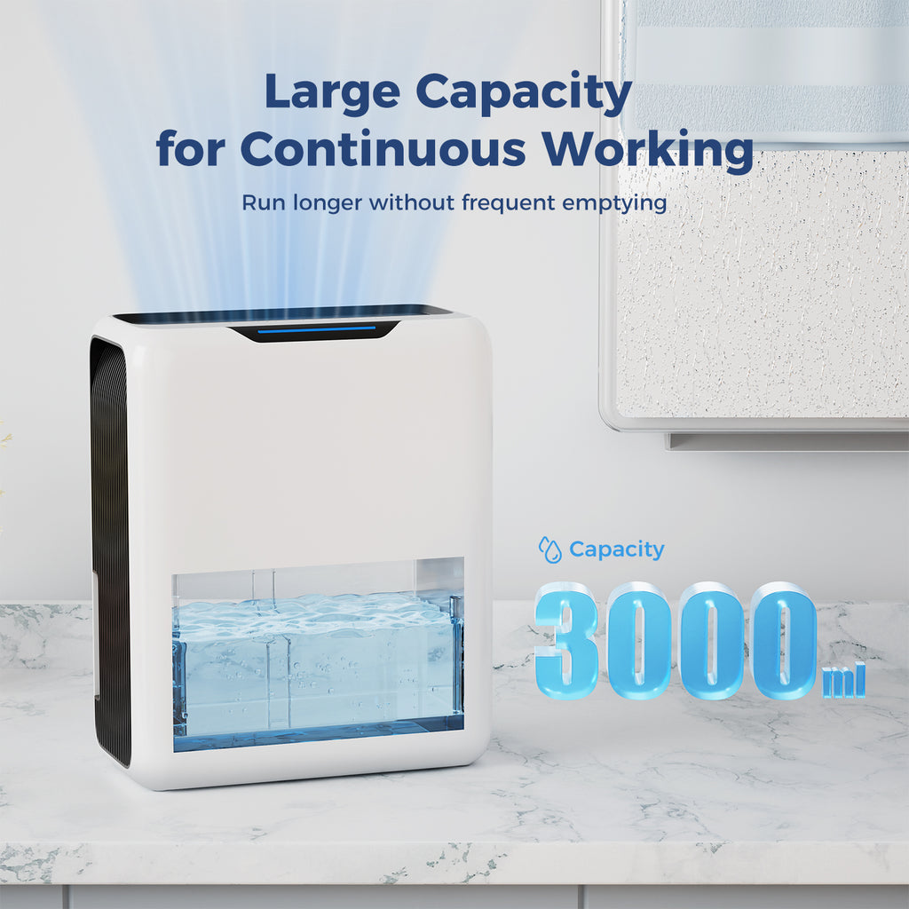 GOAMGE Dehumidifier 3 L, Electric Dehumidifier for 20 m² Home, Dual Peltier Technology, 30 dB Ultra Quiet for Bedroom, Intelligent Defrost, 24 H Timer