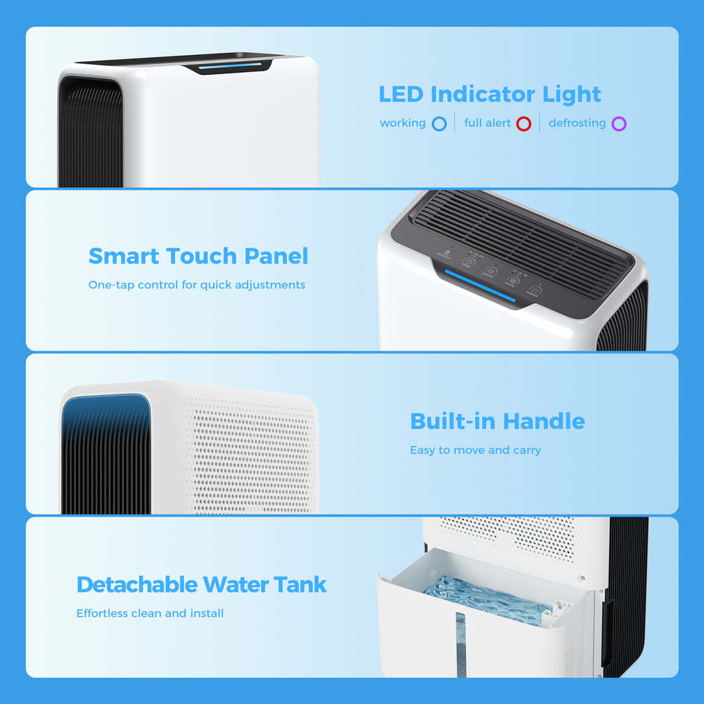 GOAMGE Dehumidifier 3 L, Electric Dehumidifier for 20 m² Home, Dual Peltier Technology, 30 dB Ultra Quiet for Bedroom, Intelligent Defrost, 24 H Timer